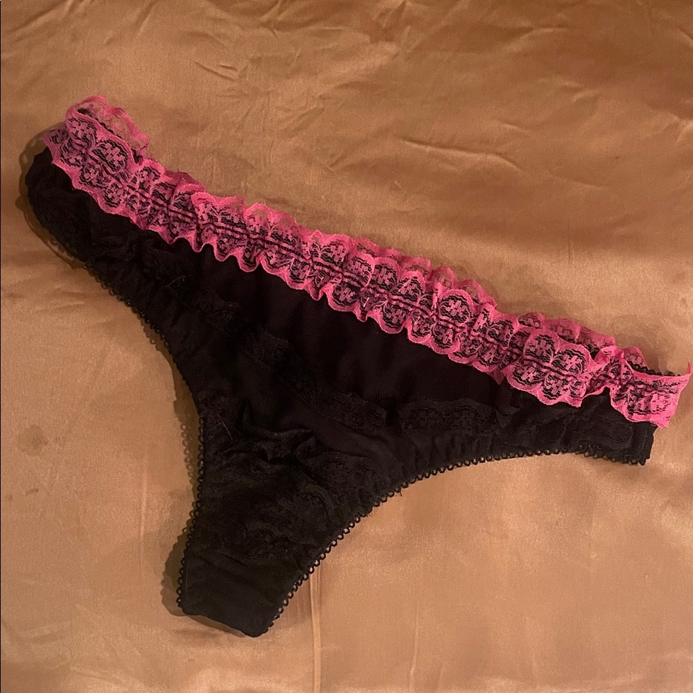 Black Sheer Lace Panties with Pink Lace Trim